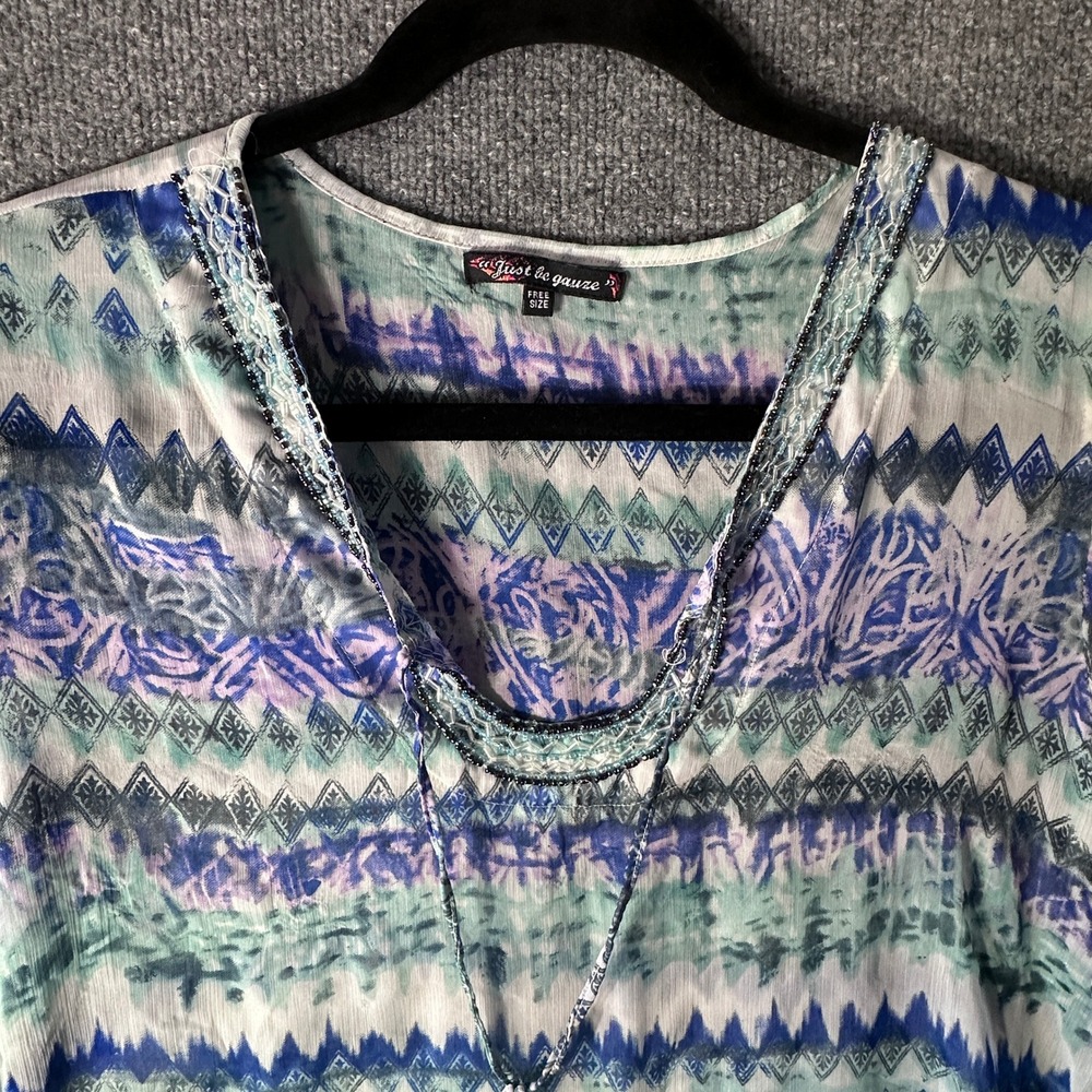 Just Be Gauze Geometric Beaded V-Neck Tunic Bell Sleeves Boho Tribal Festival